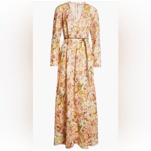 Zimmermann Golden Floral Print Long Sleeve Linen Maxi Dress size 1, US 6 new